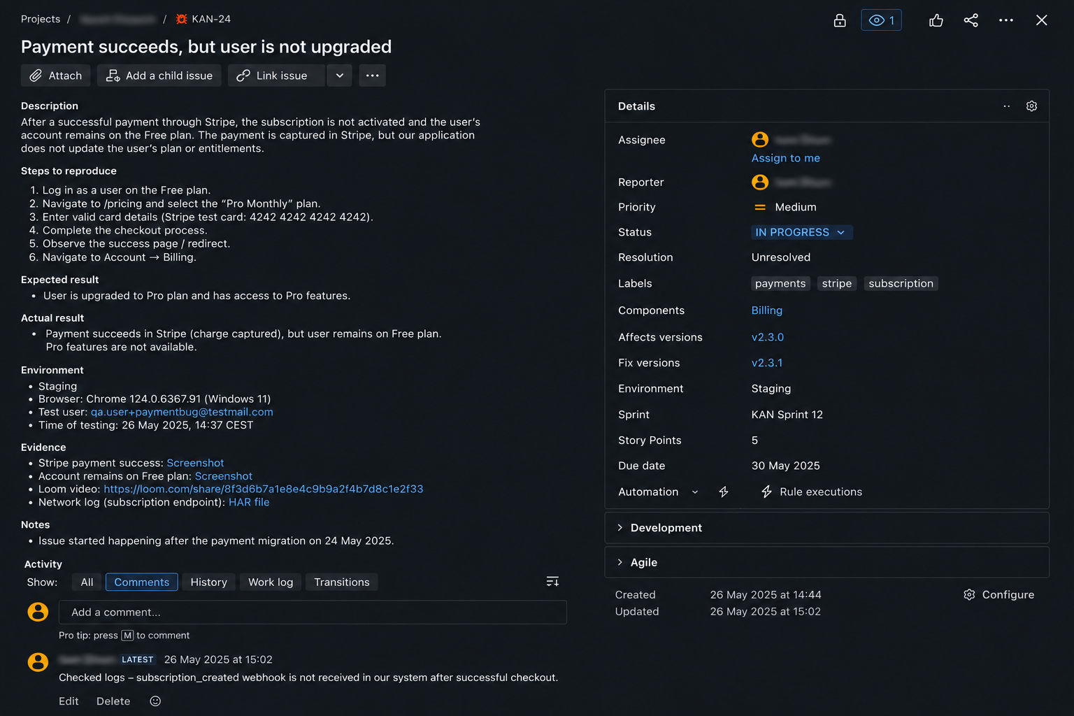 Jira bug ticket showing payment succeeds but user is not upgraded