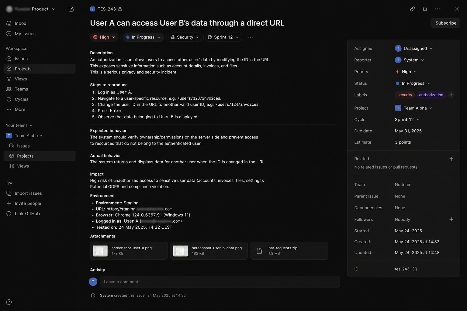 Linear bug ticket showing authorization issue where User A can access User B data
