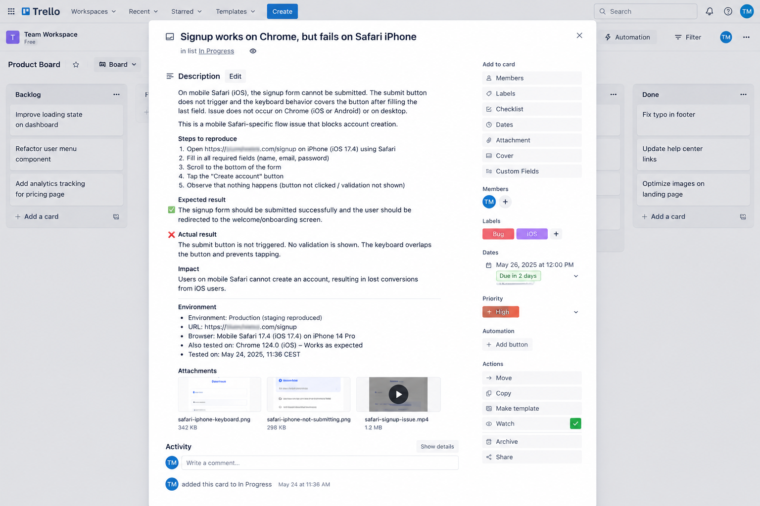 Trello bug ticket showing Safari iPhone signup failure