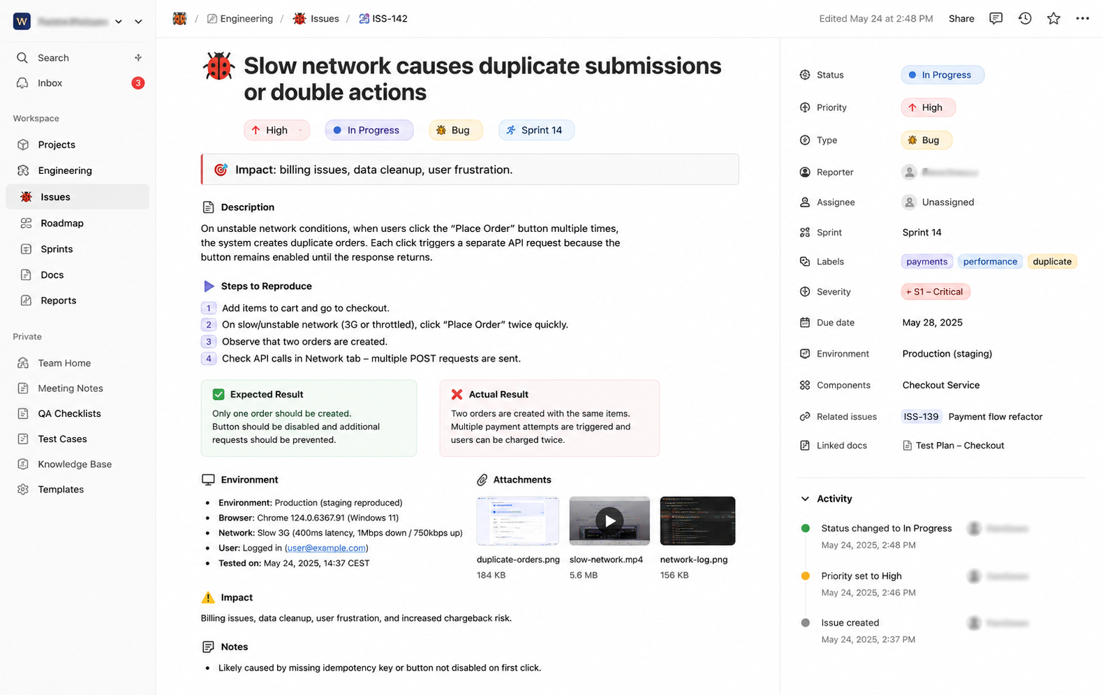 Notion bug ticket showing duplicate submissions on slow network