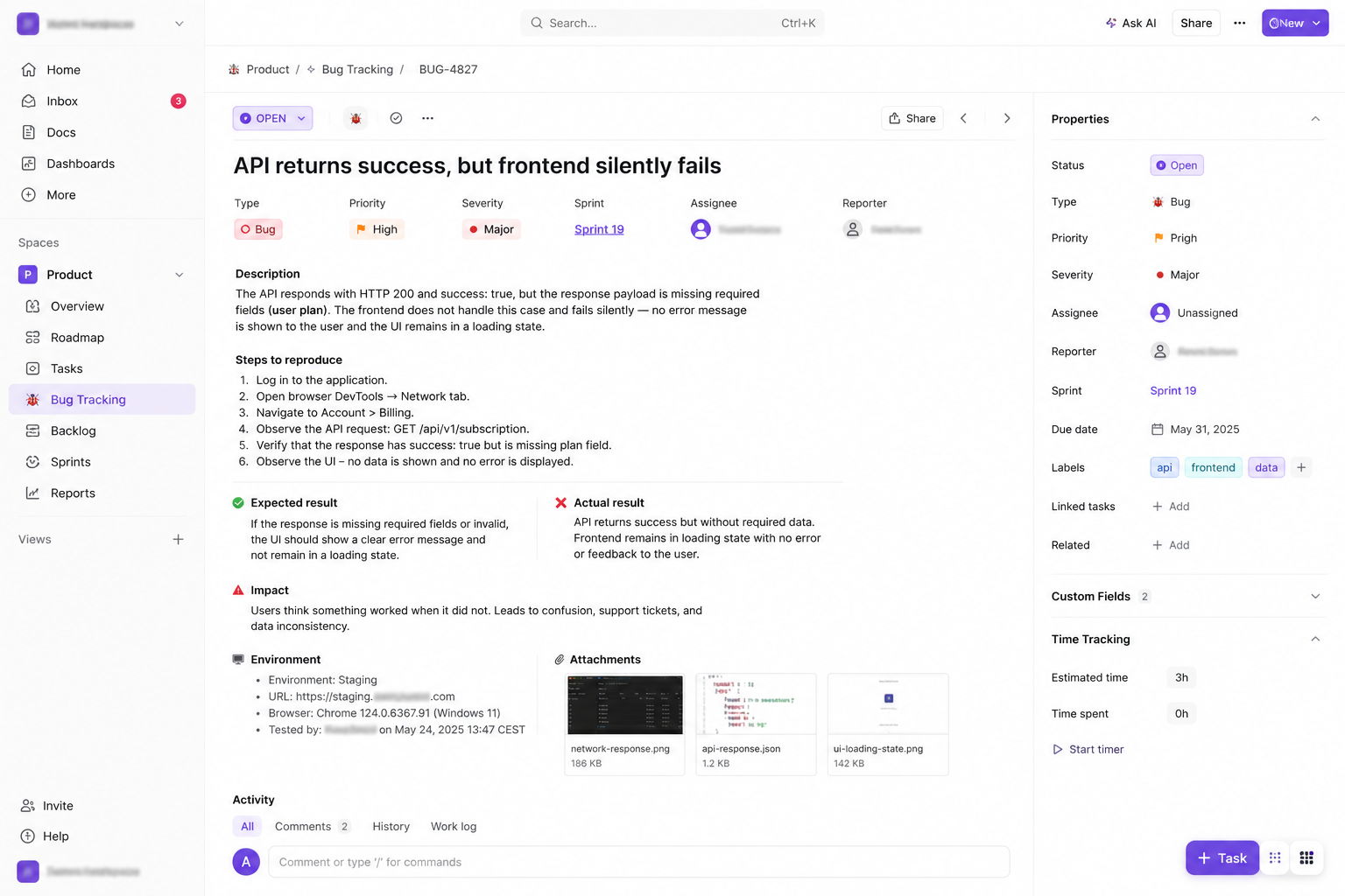 ClickUp bug ticket showing API success but frontend failure