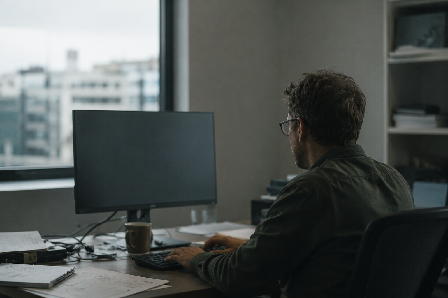 Engineer working alone at a desk during a cloud outage investigation