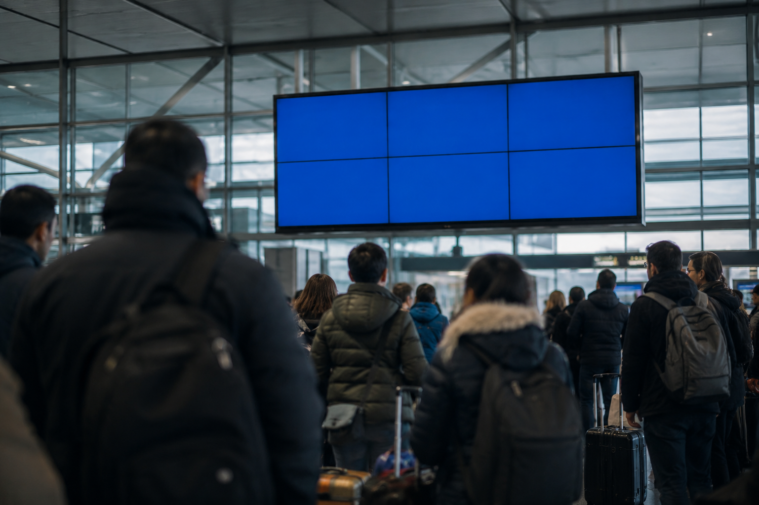 Airport departure board frozen on a blank blue error screen