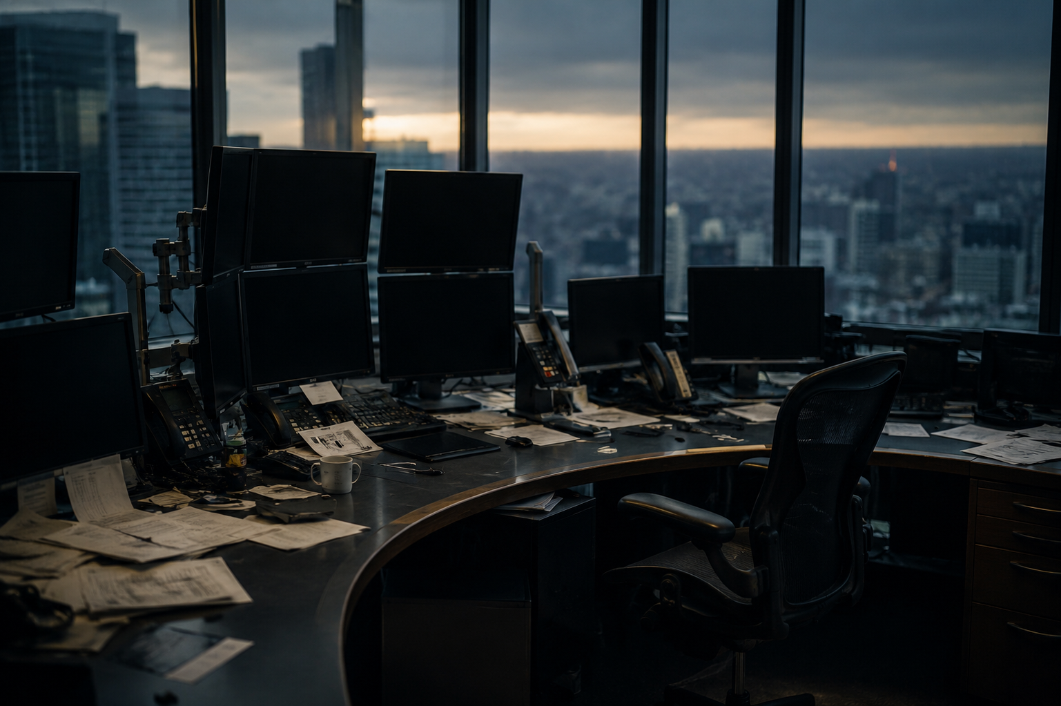 Empty modern trading desk after a critical software failure